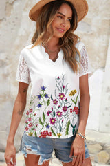 Haut à col en V festonné et à motif floral