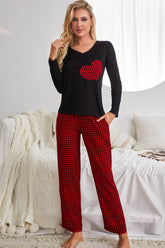 Plaid Heart Graphic V-Neck Top Pants Lounge Set