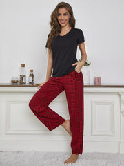 V-Neck Top Gingham Pants Lounge Set