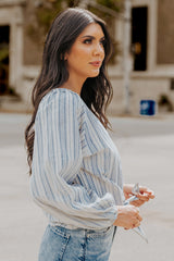 Striped Balloon Sleeve Notched Shirt