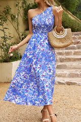 Robe fleurie asymétrique sans manches avec poches