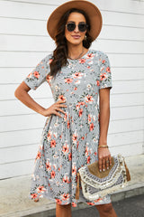 Striped Floral Short Sleeve Dress with Pockets