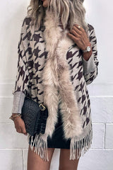 Houndstooth Faux Fur Trim Fringe Hem Poncho