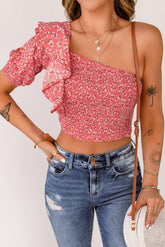 Haut smocké asymétrique à volants et à fleurs