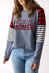 BELIEVE Plaid Striped Raglan Sleeve Top
