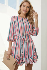 Striped Drawstring Waist Three-Quarter Sleeve Mini Dress