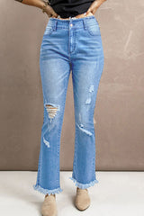 Jeans mit hoher Taille und Used-Look und offenem Saum