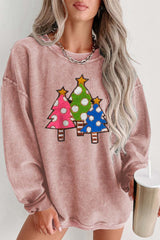 Sweat-shirt graphique à paillettes en velours côtelé rose avec motif sapin de Noël