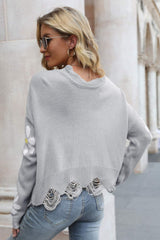 Pullover mit geripptem Blumenbesatz im Used-Look