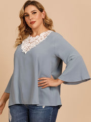 Chemisier à manches trois-quarts en dentelle contrastée grande taille