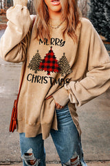 Khaki MERRY CHRISTMAS Tree Print Loose Fit Graphic Sweatshirt
