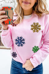 Rosa Weihnachts-Sweatshirt mit Pailletten und Schneeflocken-Grafik