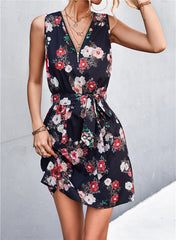 Robe sans manches à ceinture et détails zippés imprimés