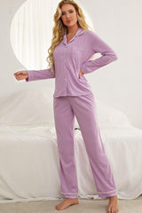 Contrast Piping Button Down Top Pants Loungewear Set
