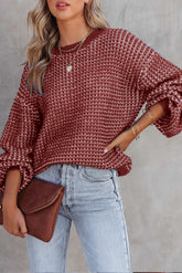 Red Heathered Knit Drop Shoulder Lantern Sleeve Sweater