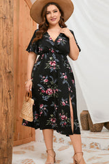 Robe fendue à manches courtes et fleurs grande taille