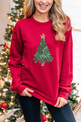 Red Christmas Tree Pattern Crewneck Pullover Graphic Sweatshirt