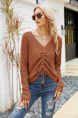 Pull col V en maille gaufrée avec cordon de serrage