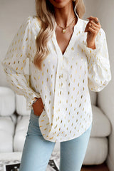 White Abstract V Neck Long Sleeve Shirred Cuffs Blouse