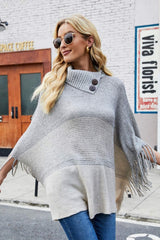 Color Block Button Detail Fringed Tunic Poncho