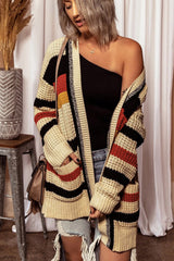 Striped Open Front Dropped Shoulder Longline Cardigan