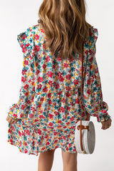 Robe fleurie à col cranté et manches volantées