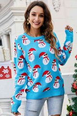 Pull col rond côtelé motif bonhomme de neige de Noël
