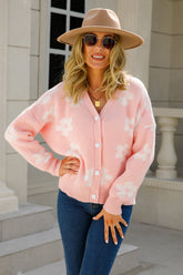 Cardigan boutonné à épaules tombantes et fleurs