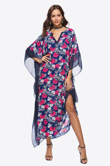 Robe longue à fleurs et manches dolman à col cranté