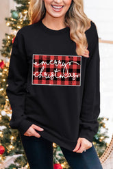 Black Merry Christmas Plaid Graphic Sweatshirt