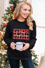 Schwarzes Sweatshirt mit „Frohe Weihnachten“-Print und Karomuster