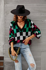 Pull à carreaux, col en V et manches lanternes
