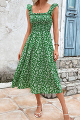 Robe midi imprimée à col carré et volants