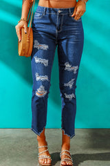 Jean taille haute avec ourlet usé