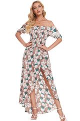 Robe longue fendue à épaules dénudées et à fleurs