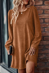 Mini-robe côtelée à manches bouffantes de couleur unie châtain