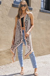 Printed Open Front Sleeveless Cardigan