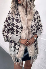 Houndstooth Faux Fur Trim Fringe Hem Poncho