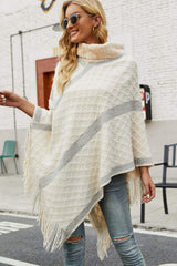 Faux Fur Trim High Neck Ruffled Poncho