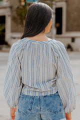 Striped Balloon Sleeve Notched Shirt