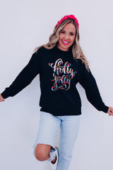 Schwarzes, lässiges Sweatshirt mit Rundhalsausschnitt und Grafik „Holly Jolly“
