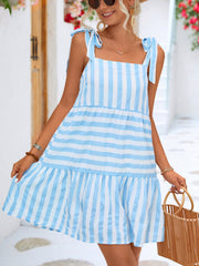 Striped Tie Shoulder Straight Neck Mini Dress