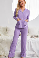 Contrast Lapel Collar Shirt Pants Pajama Set with Pockets