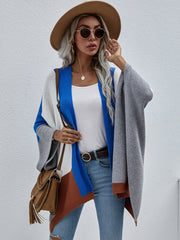 Color Block Rib-Knit Handkerchief Hem Poncho