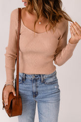 Rippstrickpullover mit U-Ausschnitt und Raglanärmeln