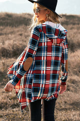 Plaid Elbow Patch Hooded Open Front Top
