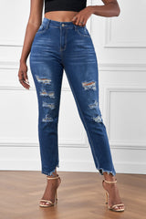 Jean taille haute avec ourlet usé