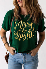 Grünes T-Shirt mit Rundhalsausschnitt und Grafik „Merry & Bright Starry“