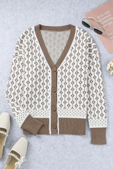 Printed Contrast Trim Button Down Cardigan