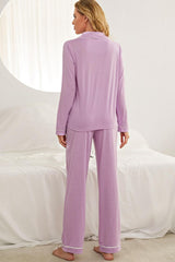 Contrast Piping Button Down Top Pants Loungewear Set